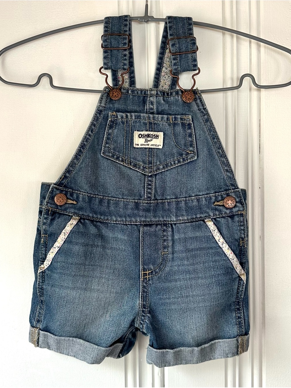 OshKosh B'gosh 12M Blue Denim Short Overalls with Floral Trim